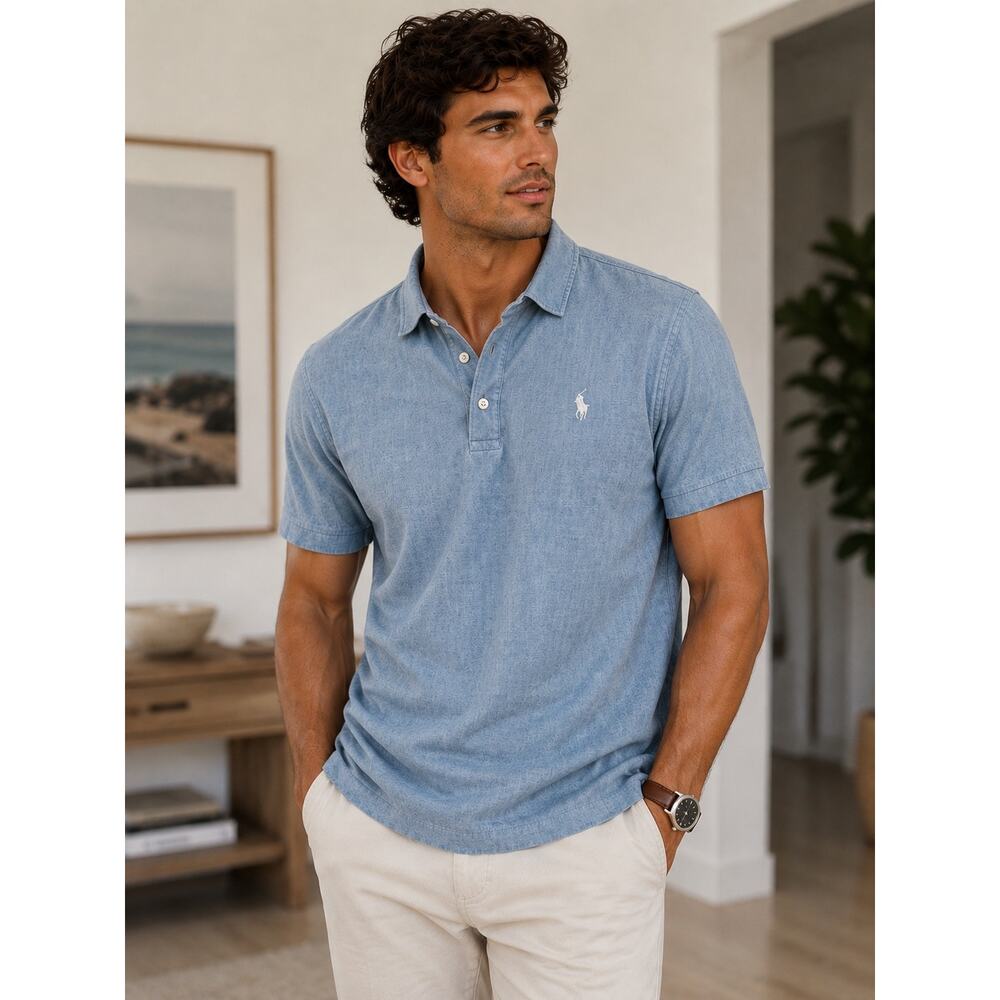 Ralph Lauren 100% Cotton Indigo Oxford Short Sleeve Button-Down Shirt Blue Men M